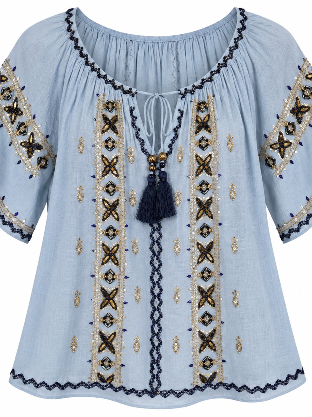 Calypso St. Barth L Blue Heavily Embellished Beaded Sequin Boho Blouse